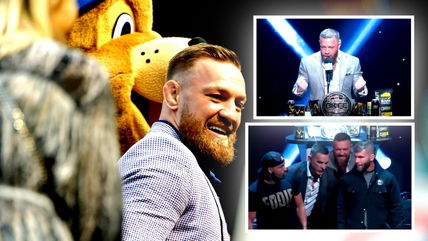 (Video) Camera-hogging Conor McGregor comes in late, cuts promo, helps stare down Eddie Alvarez, Jeremy Stephens in BKFC Presser