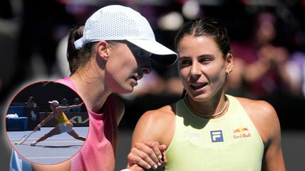 Iga Swiatek reacts to the controversial double bounce point in her quarterfinal clash against Emma Navarro at the Australian Open