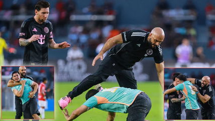 “He couldn’t hold his laugh in” – Fans in splits as Lionel Messi’s ‘bodyguard’ is finally beaten by pitch invader